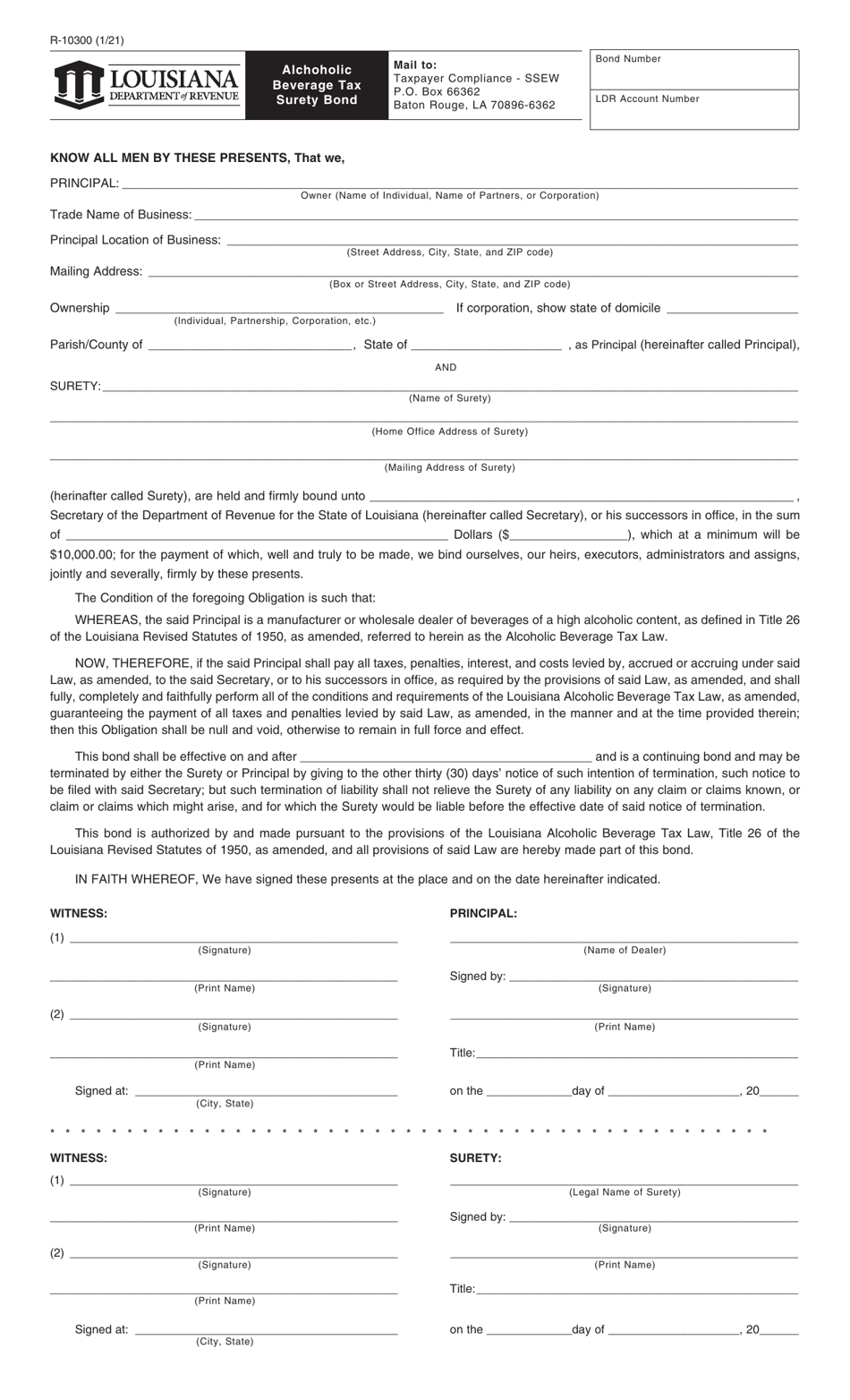 Form R-10300 Alchoholic Beverage Tax Surety Bond - Louisiana, Page 1