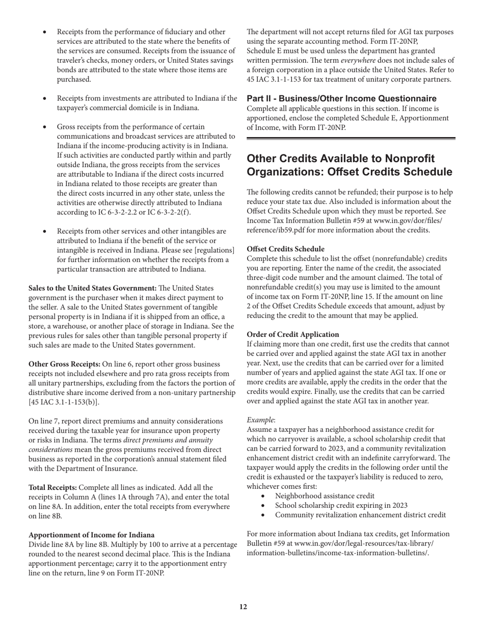 Instructions for Form IT-20NP, State Form 148 Indiana Nonprofit Organization Unrelated Business Income Tax Return - Indiana, Page 12