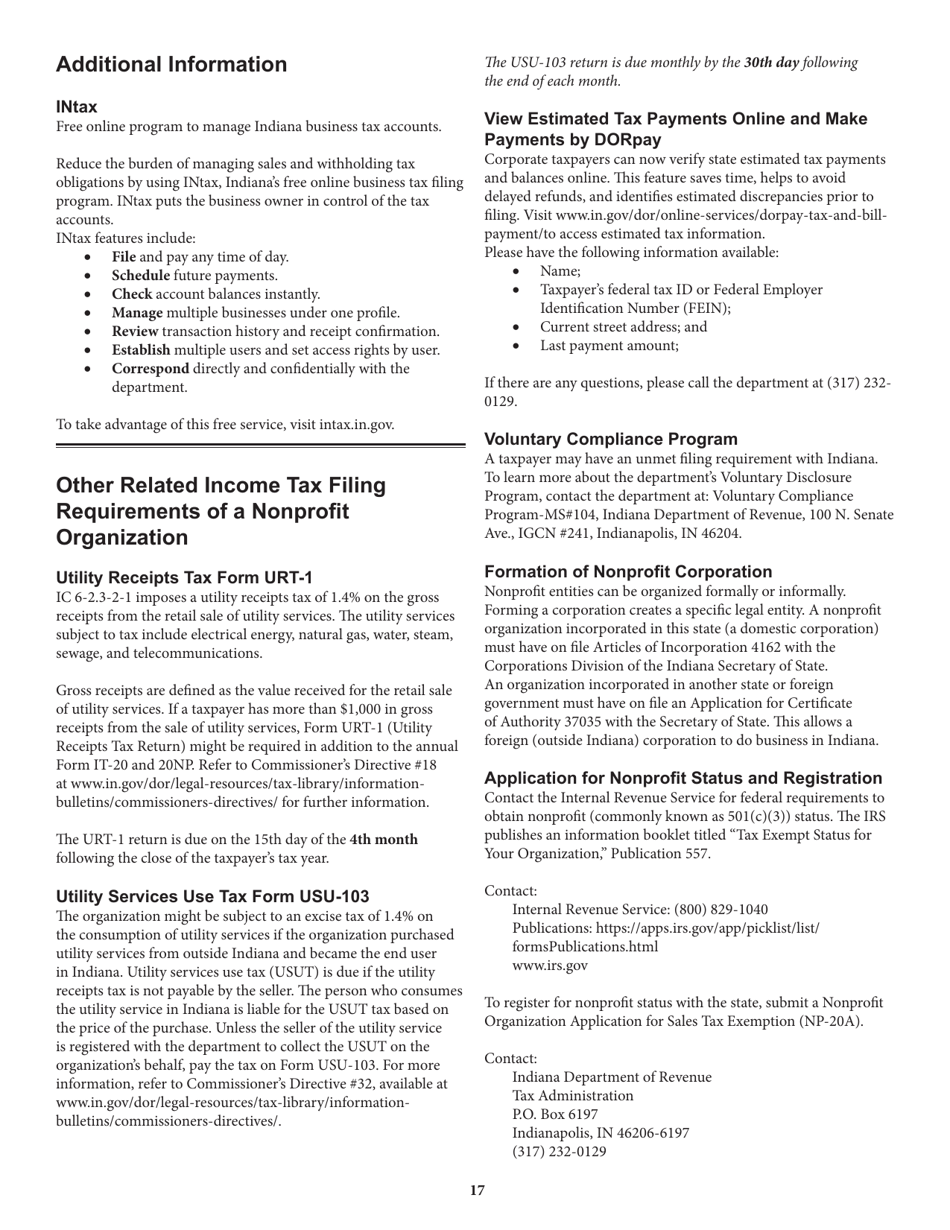 Instructions for Form IT-20NP, State Form 148 Indiana Nonprofit Organization Unrelated Business Income Tax Return - Indiana, Page 17