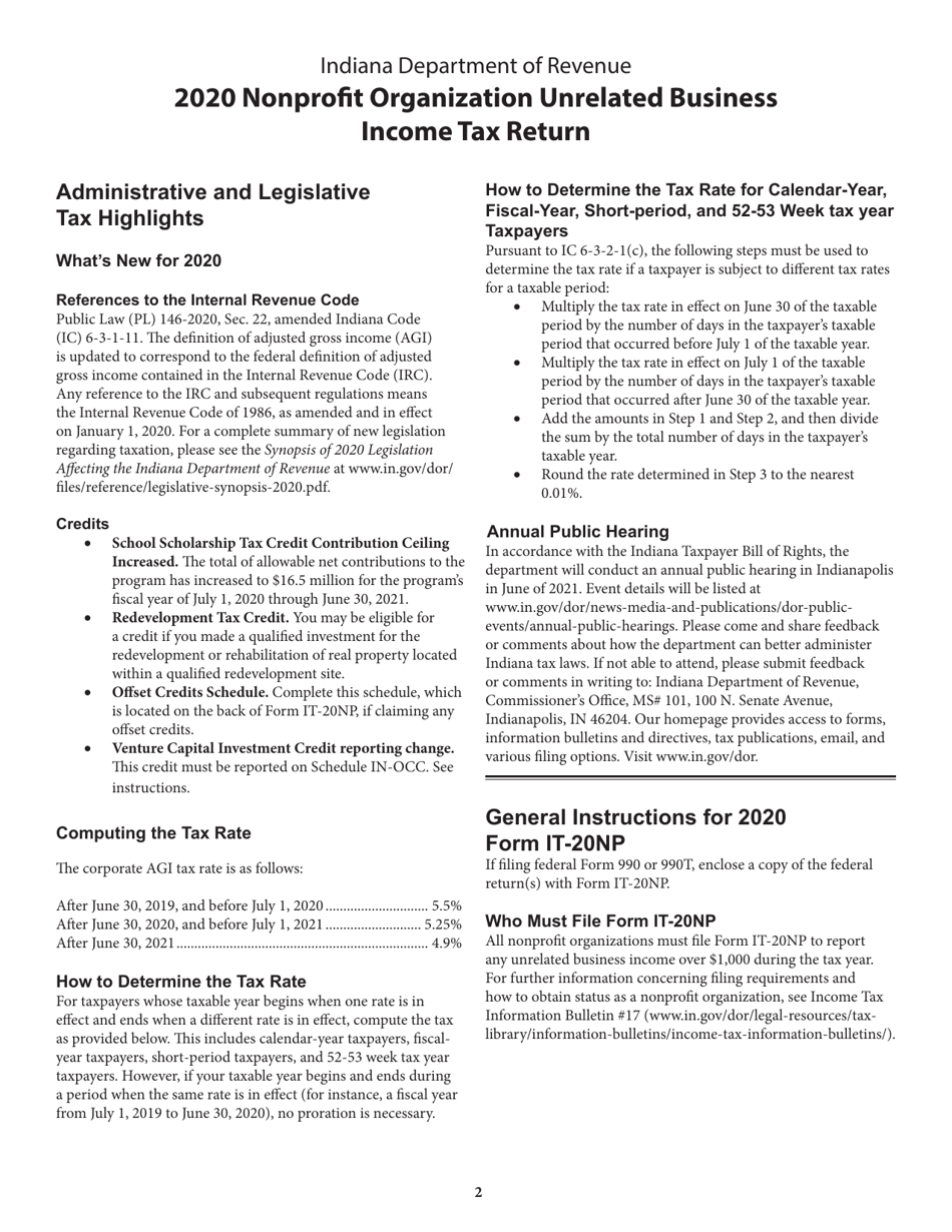Instructions for Form IT-20NP, State Form 148 Indiana Nonprofit Organization Unrelated Business Income Tax Return - Indiana, Page 2