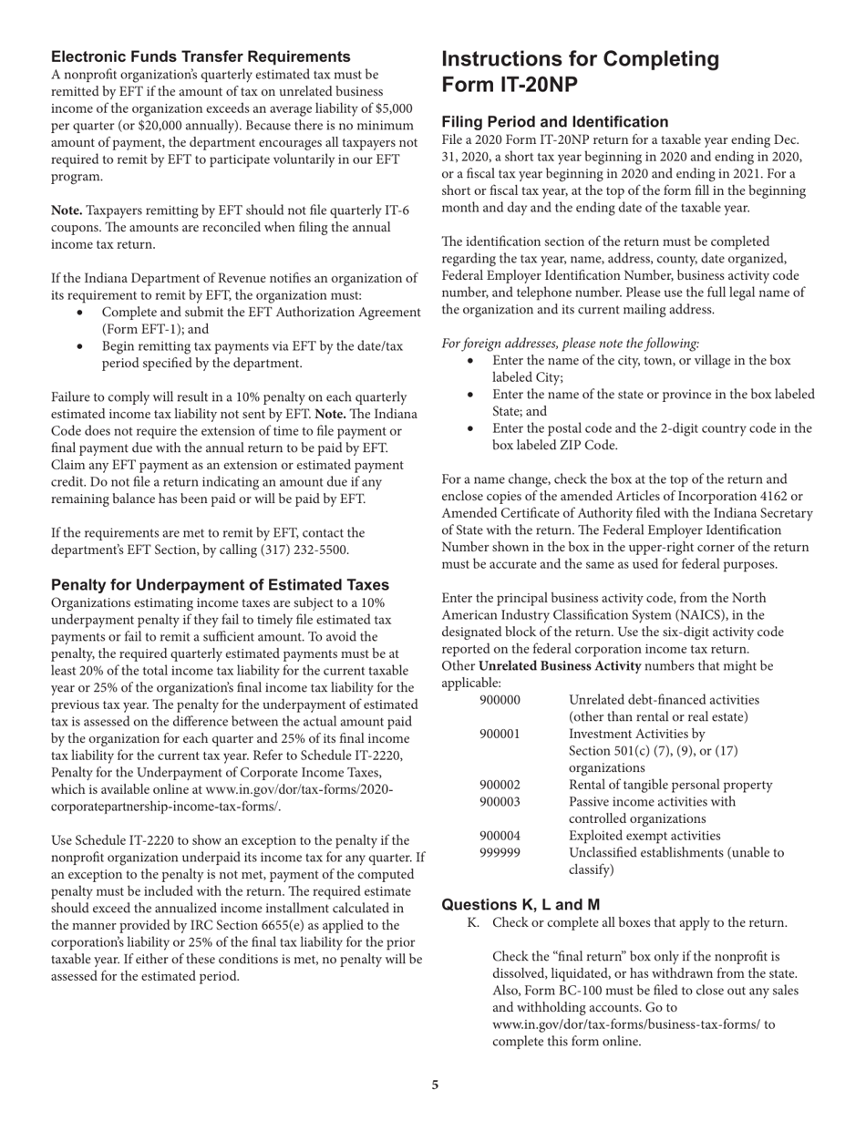 Instructions for Form IT-20NP, State Form 148 Indiana Nonprofit Organization Unrelated Business Income Tax Return - Indiana, Page 5