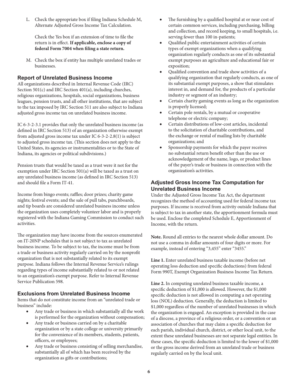 Instructions for Form IT-20NP, State Form 148 Indiana Nonprofit Organization Unrelated Business Income Tax Return - Indiana, Page 6