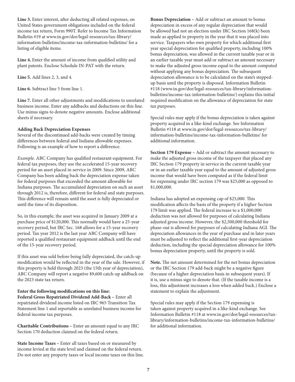 Instructions for Form IT-20NP, State Form 148 Indiana Nonprofit Organization Unrelated Business Income Tax Return - Indiana, Page 7