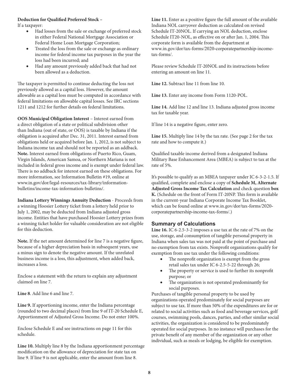Instructions for Form IT-20NP, State Form 148 Indiana Nonprofit Organization Unrelated Business Income Tax Return - Indiana, Page 8