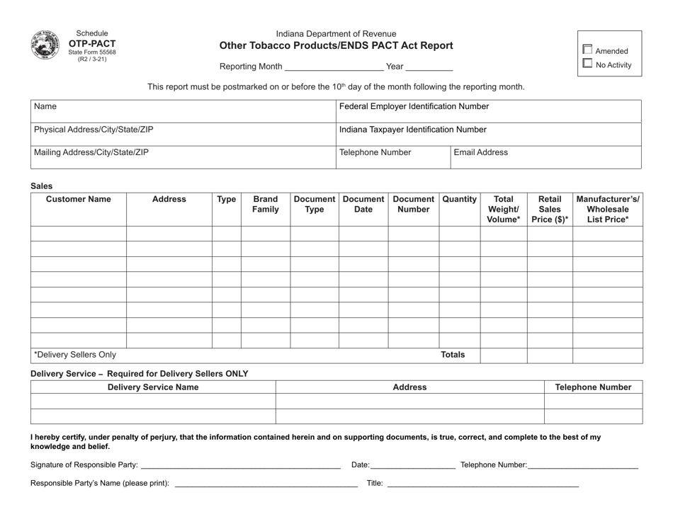 State Form 55568 Schedule OTP-PACT Other Tobacco Products / Ends Pact Act Report - Indiana, Page 1