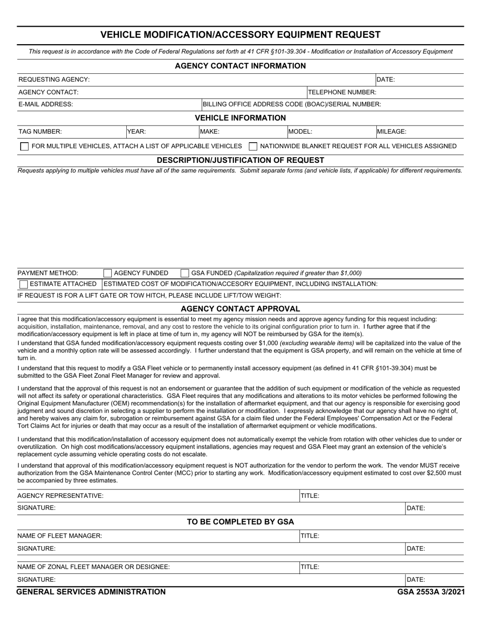 GSA Form 2553A Vehicle Modification / Accessory Equipment Request, Page 1
