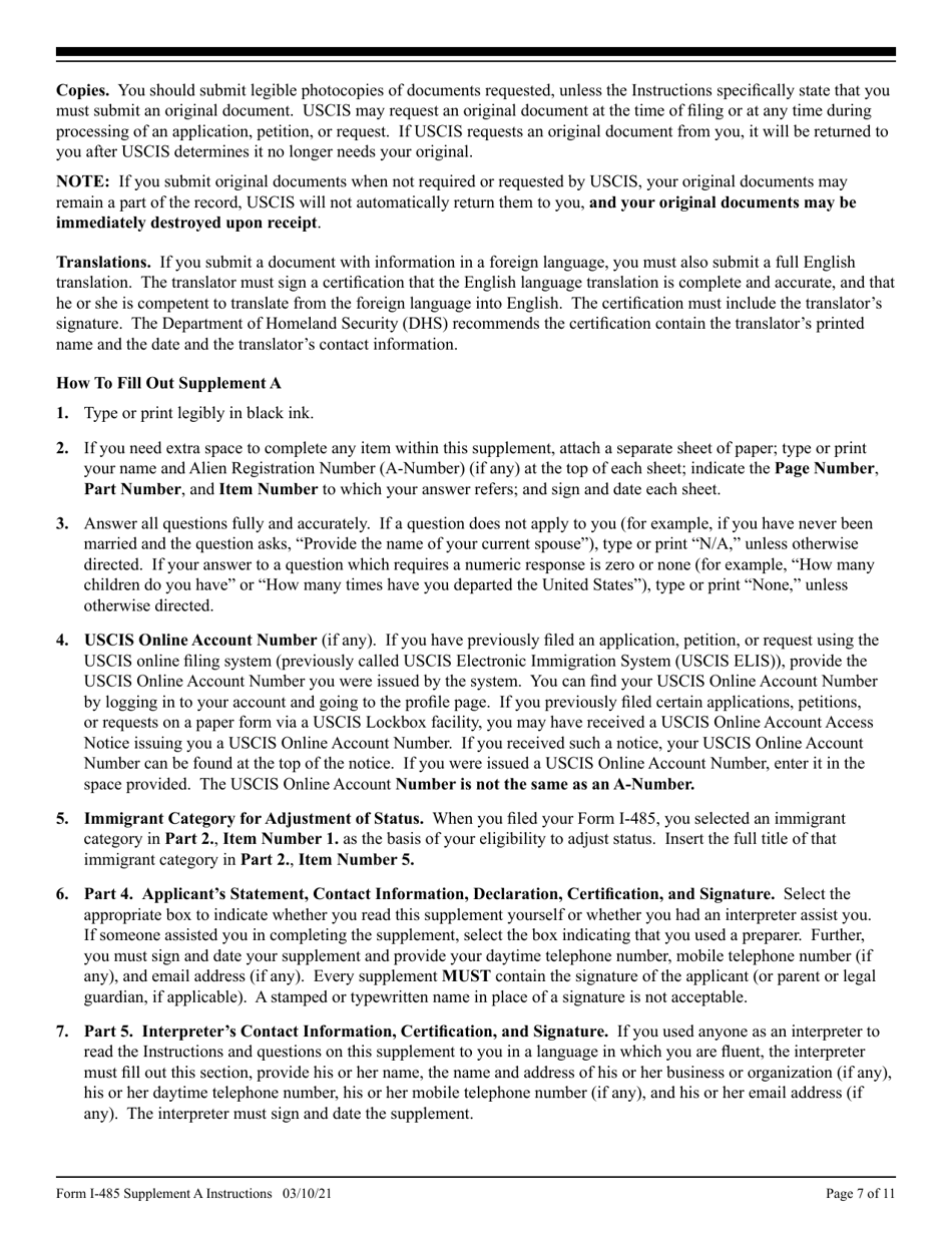 Instructions for USCIS Form I-485 Supplement A Adjustment of Status Under Section 245(I), Page 7