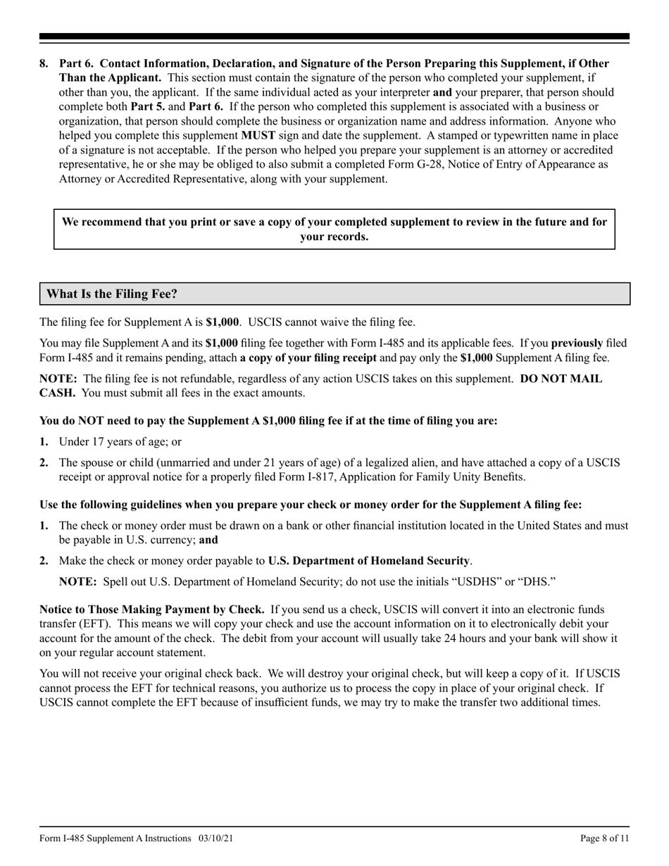 Instructions for USCIS Form I-485 Supplement A Adjustment of Status Under Section 245(I), Page 8