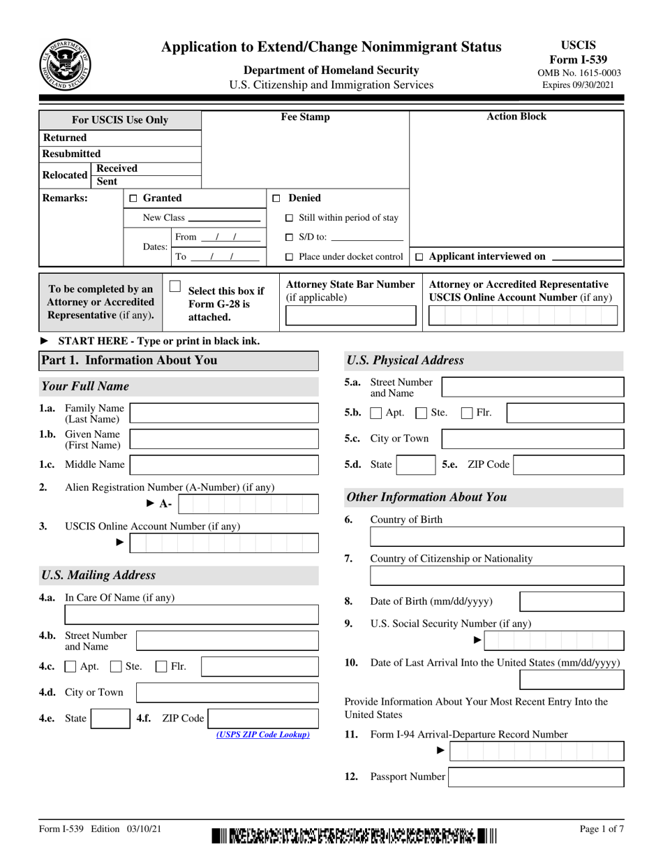 USCIS Form I-539 Application to Extend / Change Nonimmigrant Status, Page 1
