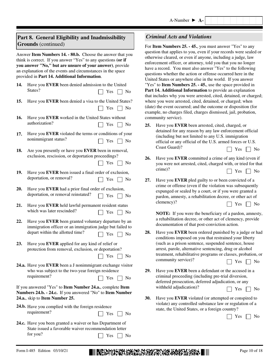 USCIS Form I-485 Application to Register Permanent Residence or Adjust Status, Page 10