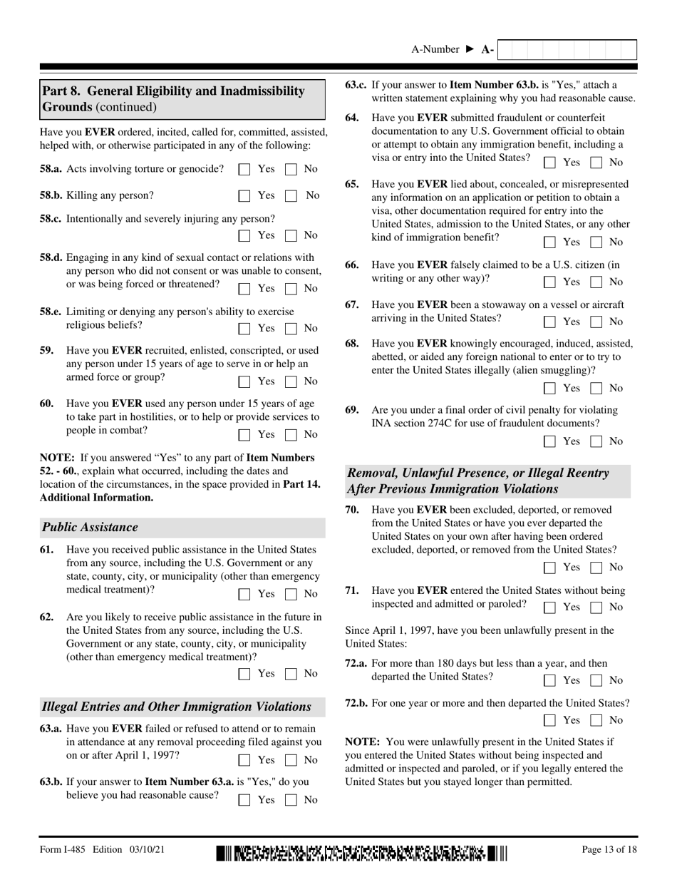 USCIS Form I-485 Application to Register Permanent Residence or Adjust Status, Page 13