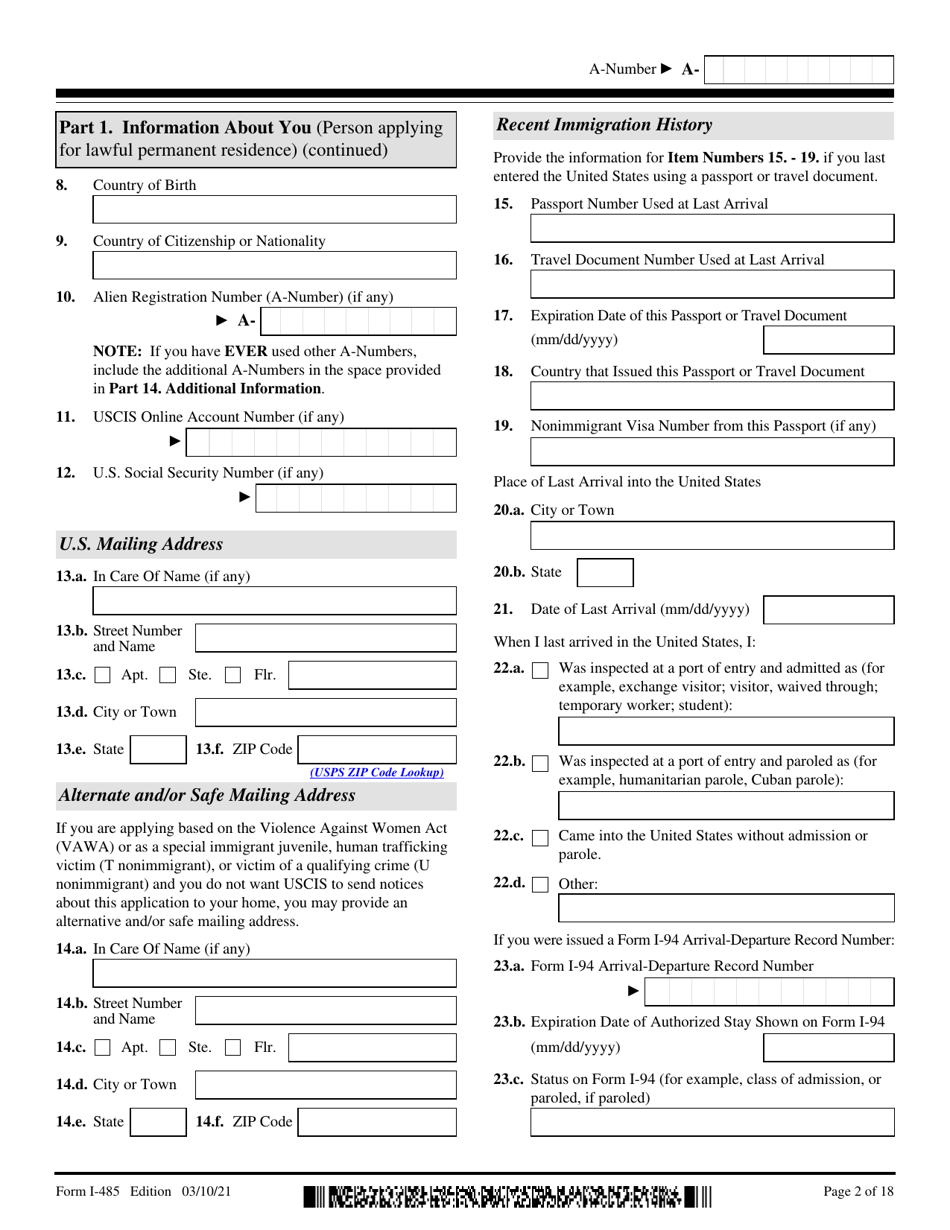 USCIS Form I-485 Application to Register Permanent Residence or Adjust Status, Page 2