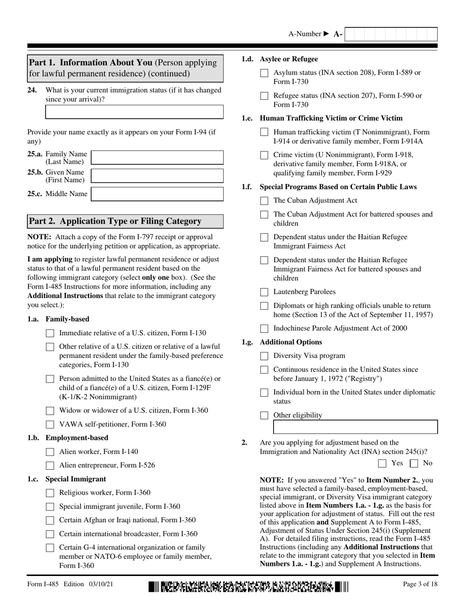 USCIS Form I-485 Application to Register Permanent Residence or Adjust Status, Page 3