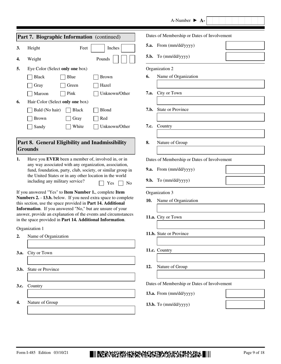 USCIS Form I-485 Application to Register Permanent Residence or Adjust Status, Page 9