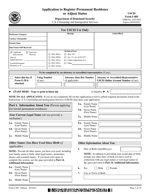 USCIS Form I-485  Printable Pdf