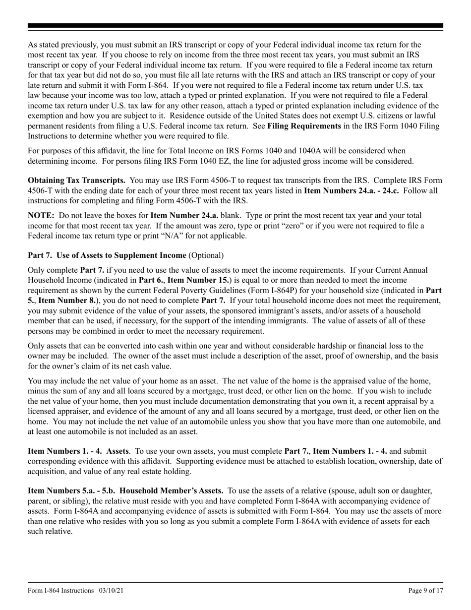 Instructions for USCIS Form I-864 Affidavit of Support Under Section 213a of the Ina, Page 9