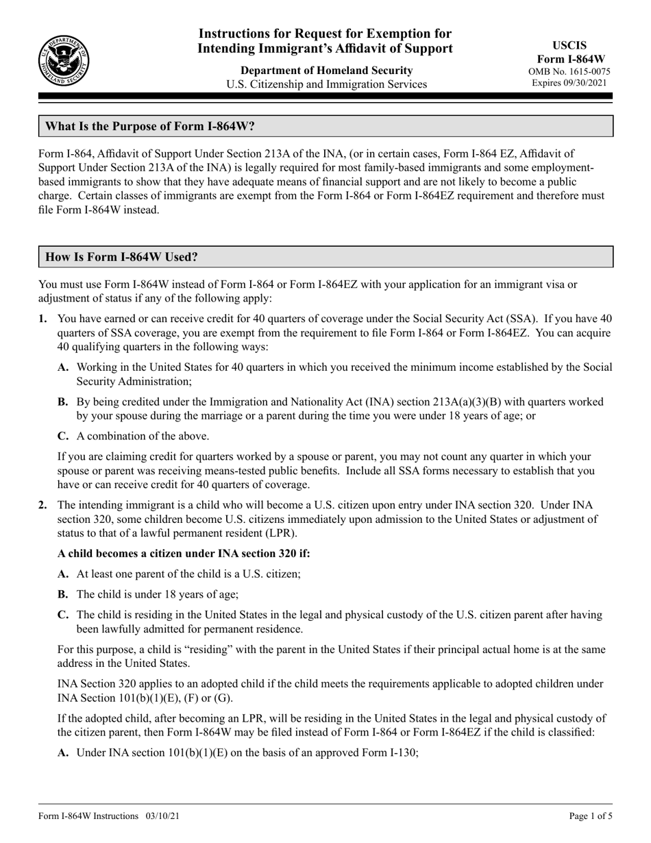 Download Instructions for USCIS Form I-864W Request for Exemption for ...