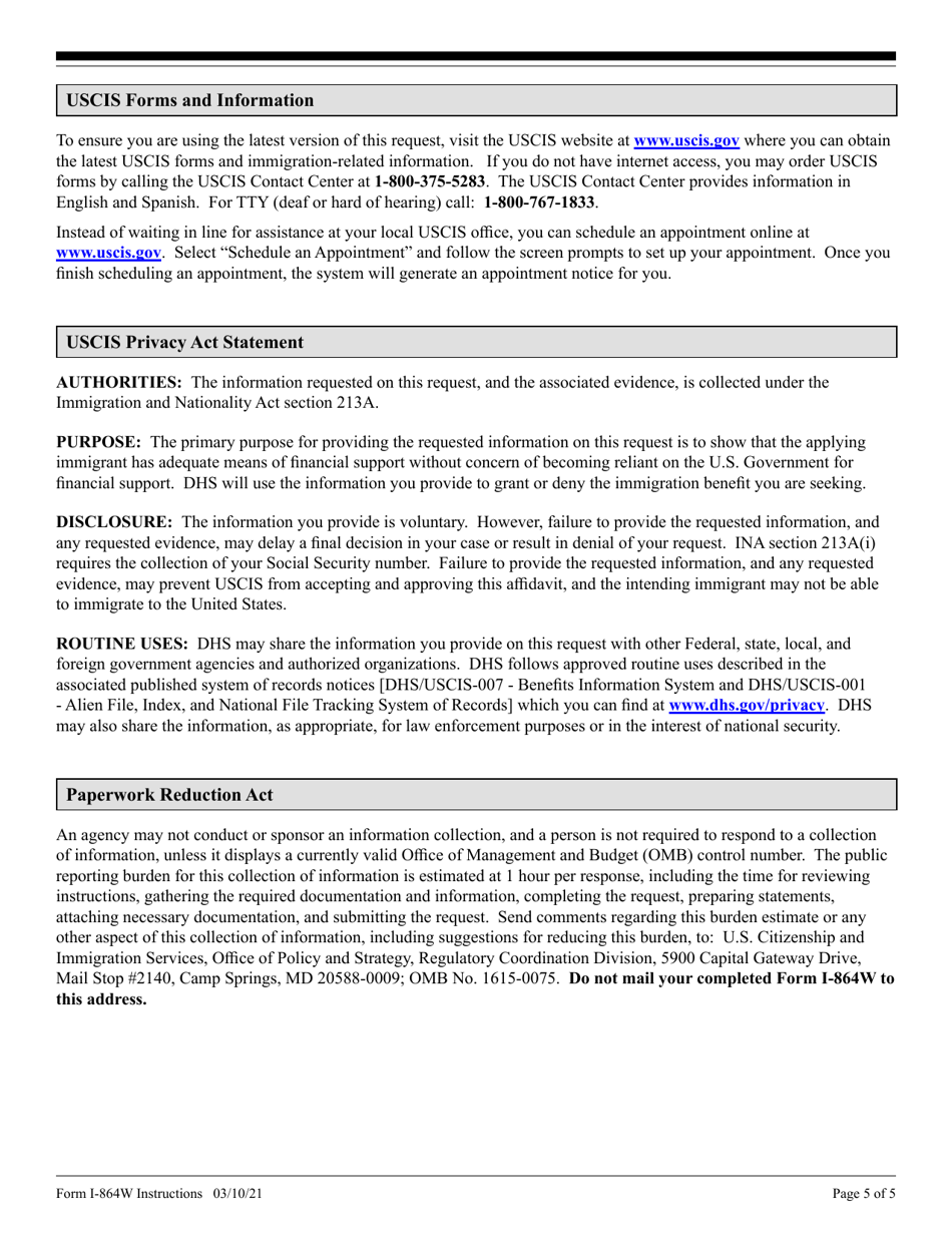 Instructions for USCIS Form I-864W Request for Exemption for Intending Immigrants Affidavit of Support, Page 5