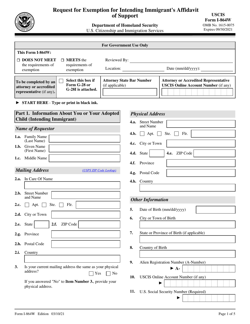 USCIS Form I-864W Request for Exemption for Intending Immigrants Affidavit of Support, Page 1