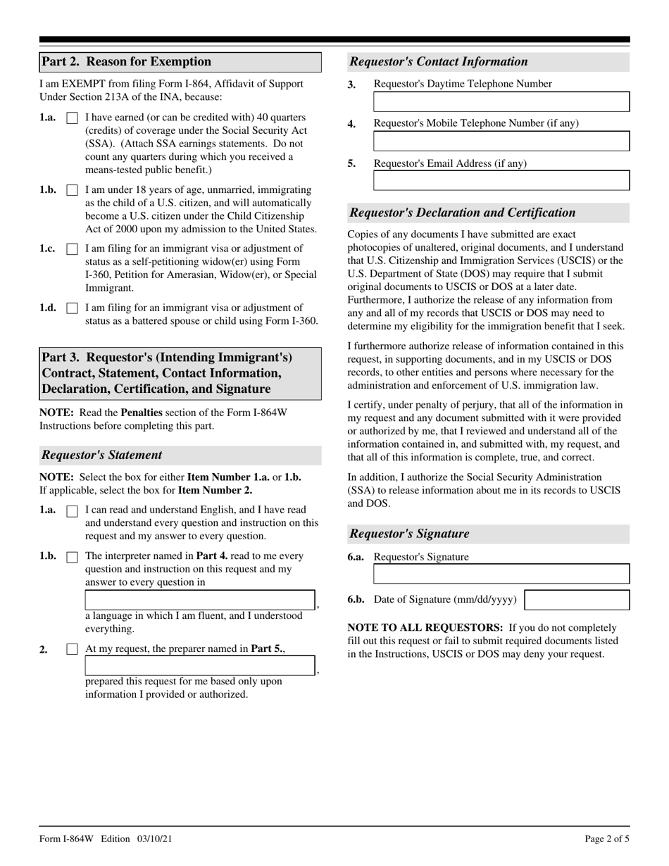 USCIS Form I-864W Request for Exemption for Intending Immigrants Affidavit of Support, Page 2
