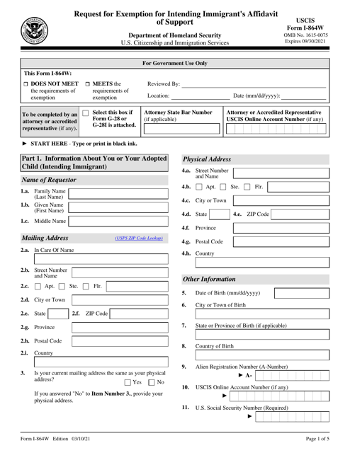USCIS Form I-864W  Printable Pdf