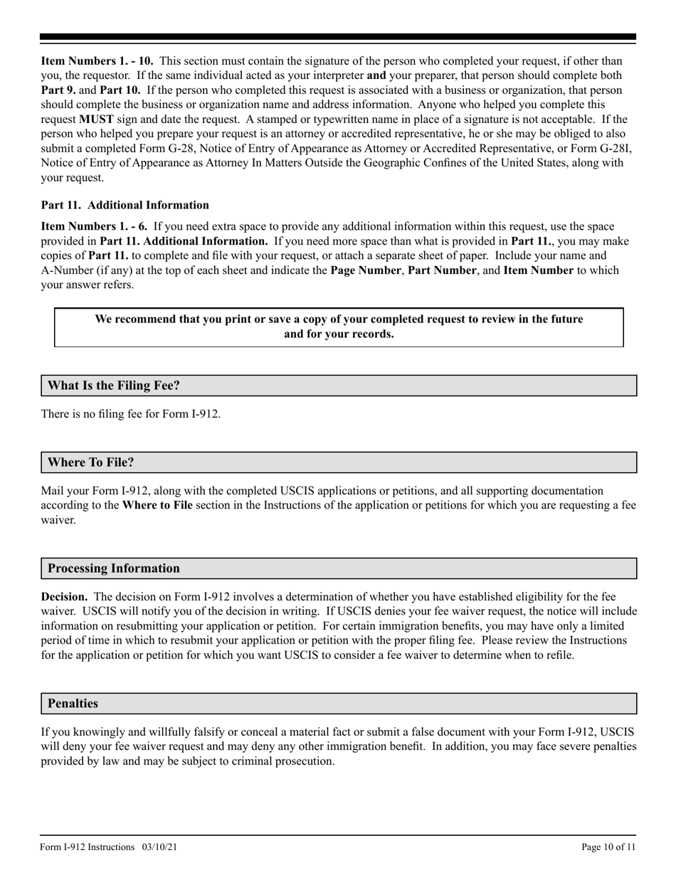 Instructions for USCIS Form I-912 Request for Fee Waiver, Page 10