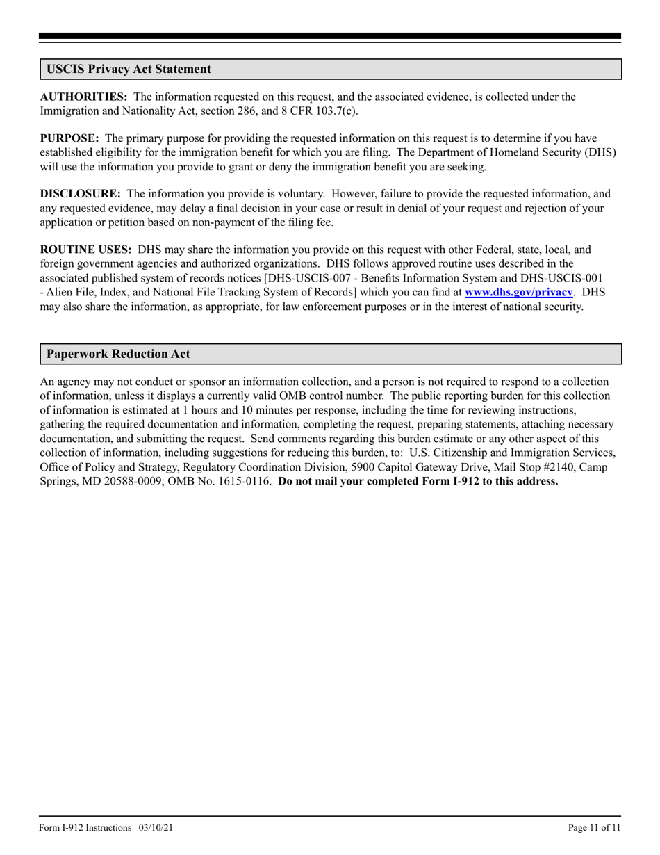 Instructions for USCIS Form I-912 Request for Fee Waiver, Page 11