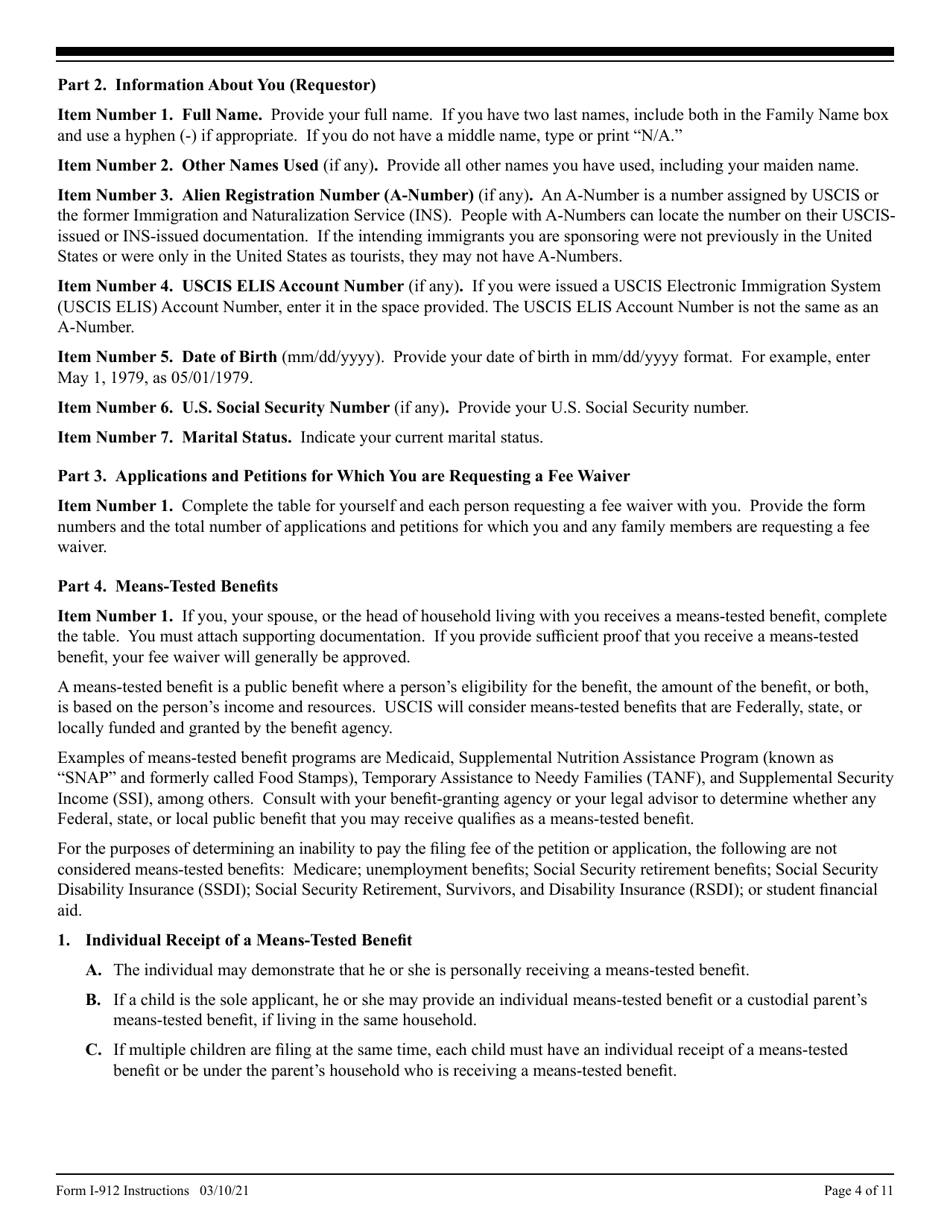 Instructions for USCIS Form I-912 Request for Fee Waiver, Page 4
