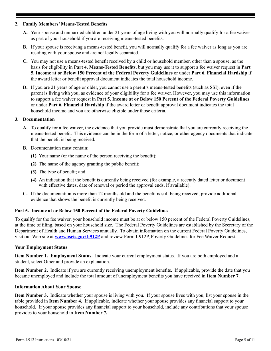 Instructions for USCIS Form I-912 Request for Fee Waiver, Page 5