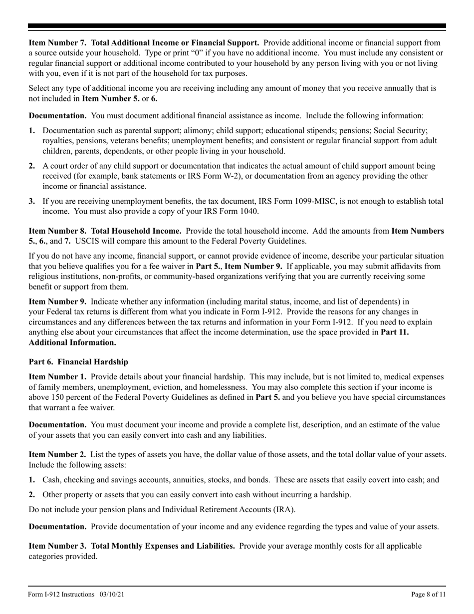 Instructions for USCIS Form I-912 Request for Fee Waiver, Page 8