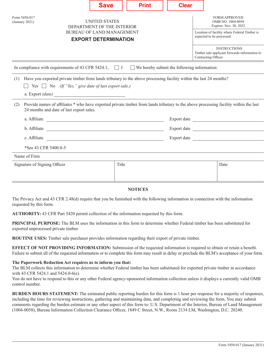 Form 5450-017 Export Determination, Page 1
