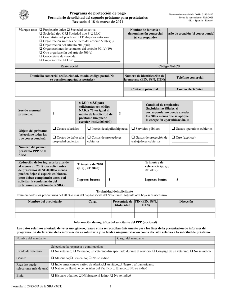 SBA Formulario 2483-SD Programa De Proteccion De Pago Formulario De Solicitud Del Segundo Prestamo Para Prestatarios (Spanish), Page 1