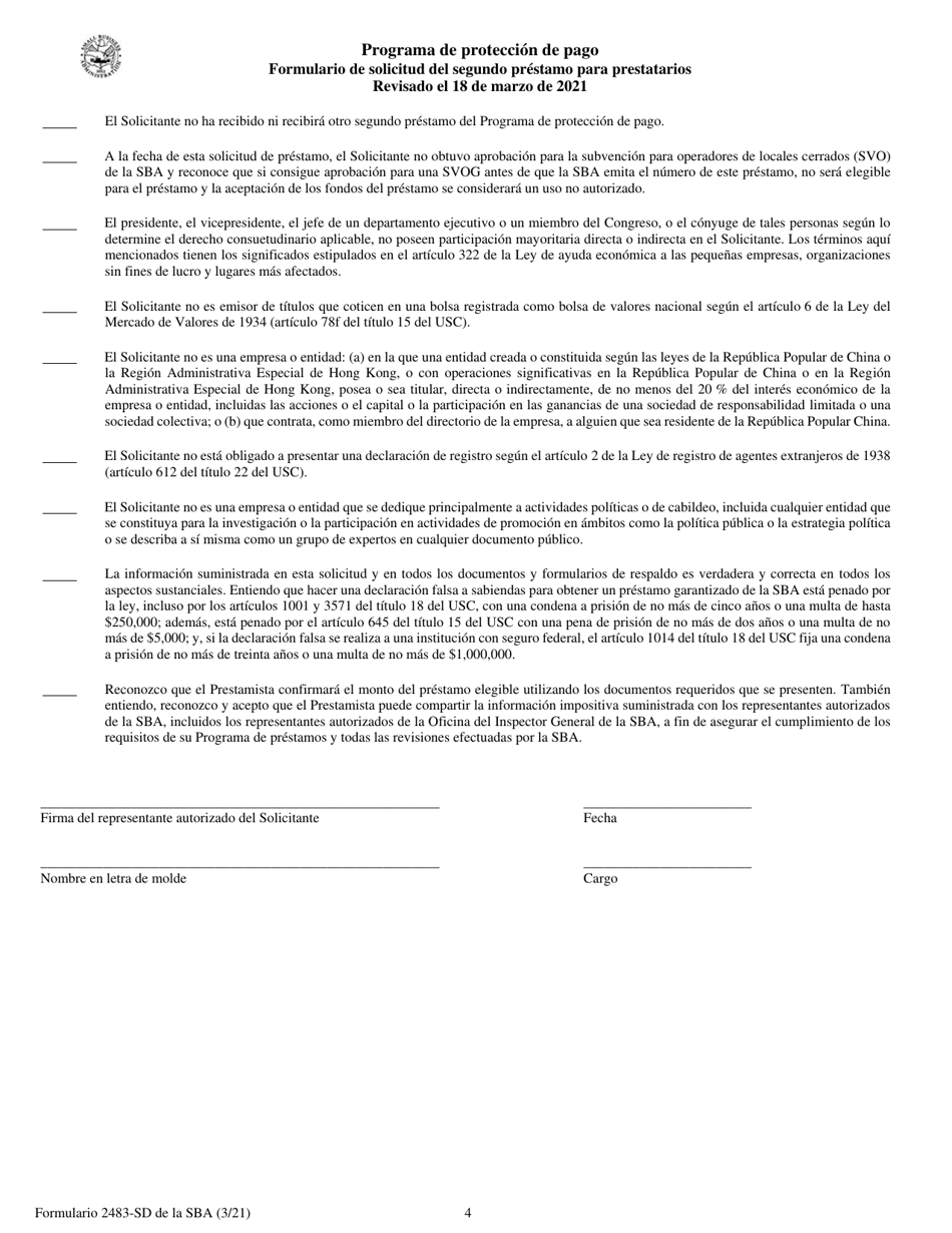SBA Formulario 2483-SD Programa De Proteccion De Pago Formulario De Solicitud Del Segundo Prestamo Para Prestatarios (Spanish), Page 4