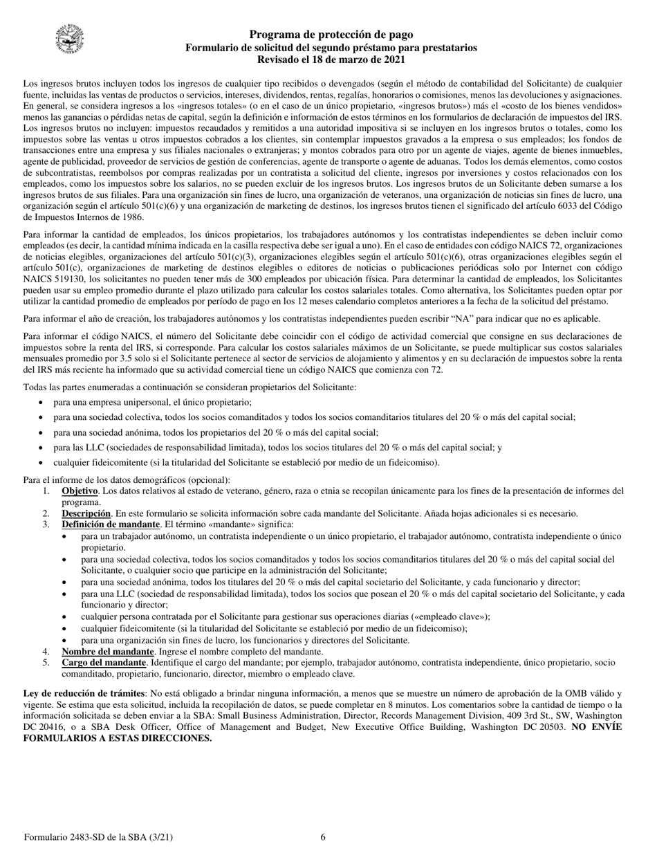SBA Formulario 2483-SD Programa De Proteccion De Pago Formulario De Solicitud Del Segundo Prestamo Para Prestatarios (Spanish), Page 6