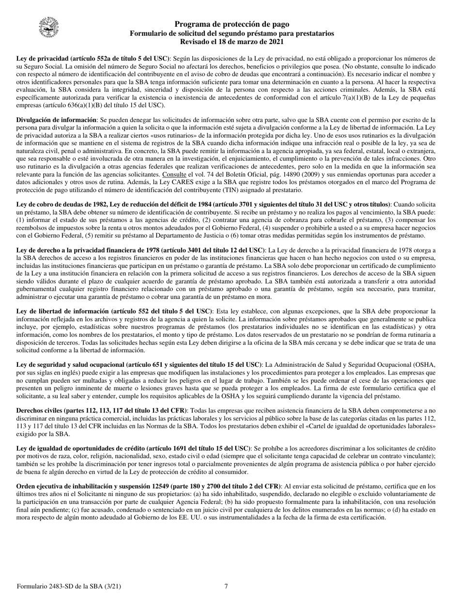 SBA Formulario 2483-SD Programa De Proteccion De Pago Formulario De Solicitud Del Segundo Prestamo Para Prestatarios (Spanish), Page 7