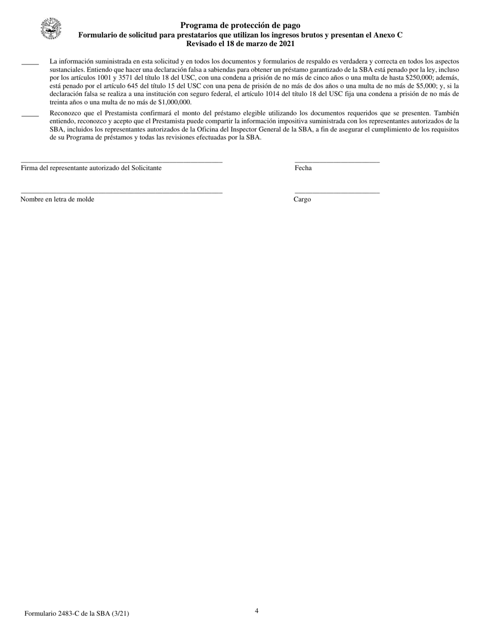 SBA Formulario 2483-C Formulario De Solicitud Para Prestatarios Que Utilizan Los Ingresos Brutos Y Presentan El Anexo C (Spanish), Page 4