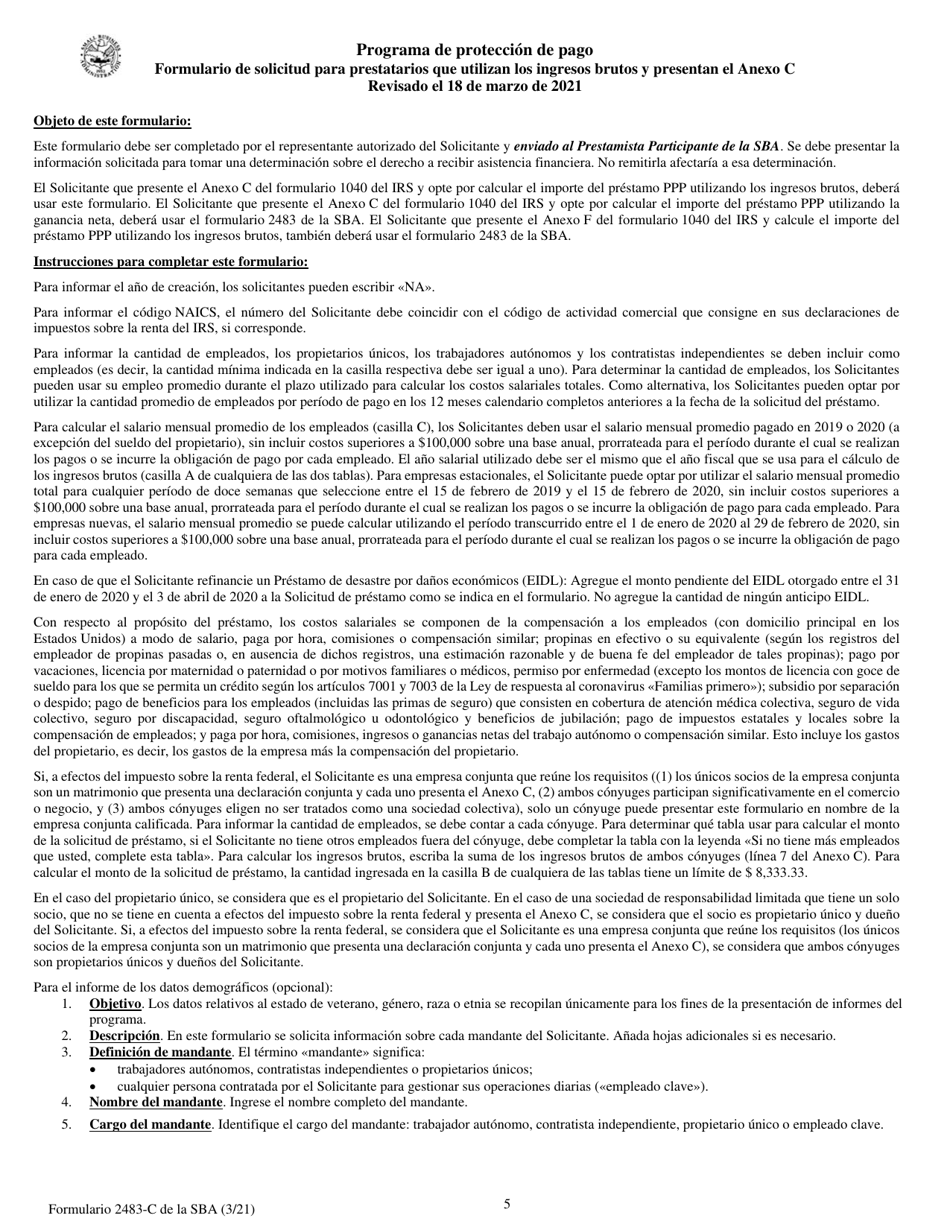 SBA Formulario 2483-C Formulario De Solicitud Para Prestatarios Que Utilizan Los Ingresos Brutos Y Presentan El Anexo C (Spanish), Page 5