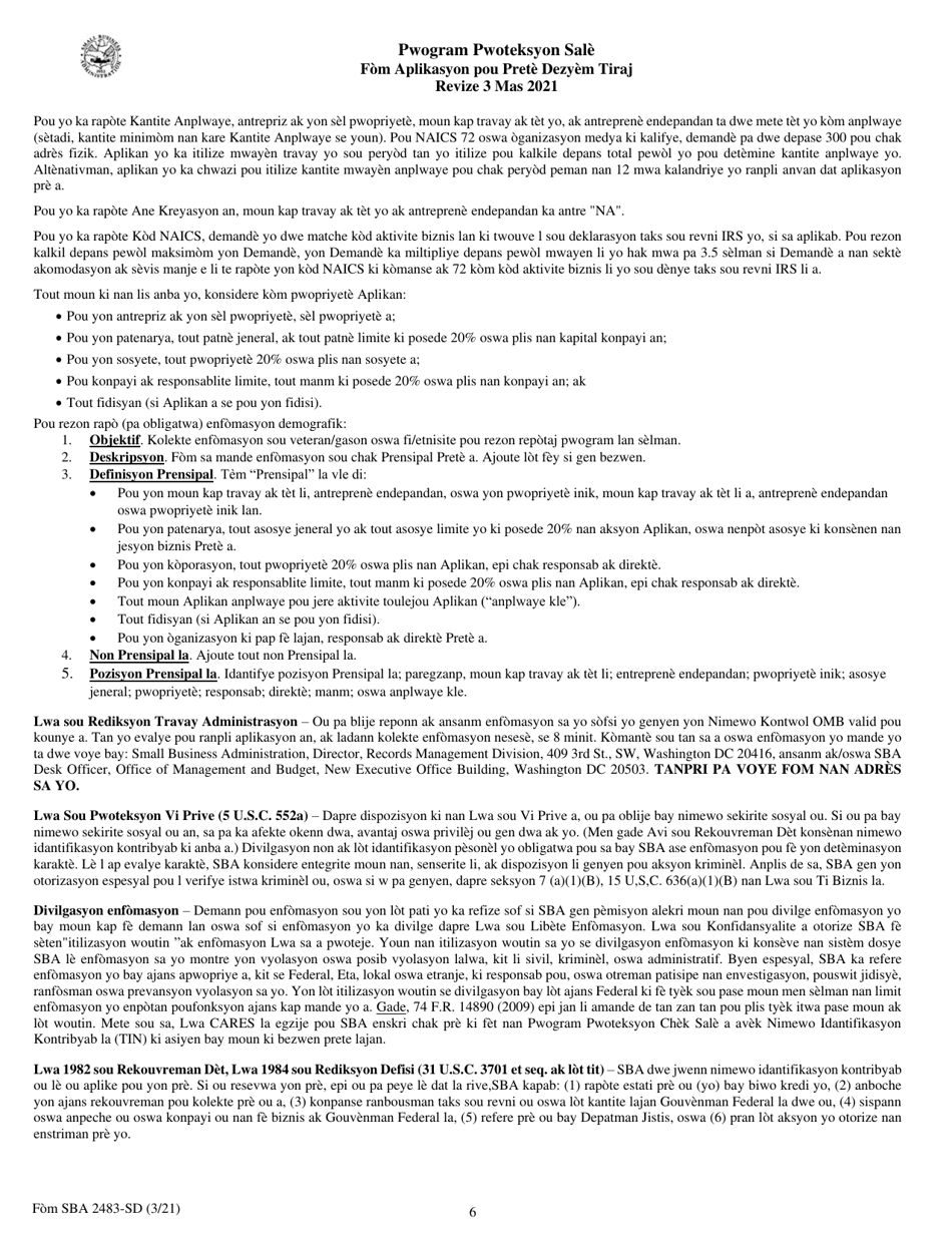 SBA Form 2483-SD PPP Second Draw Borrower Application Form (Haitian Creole), Page 6