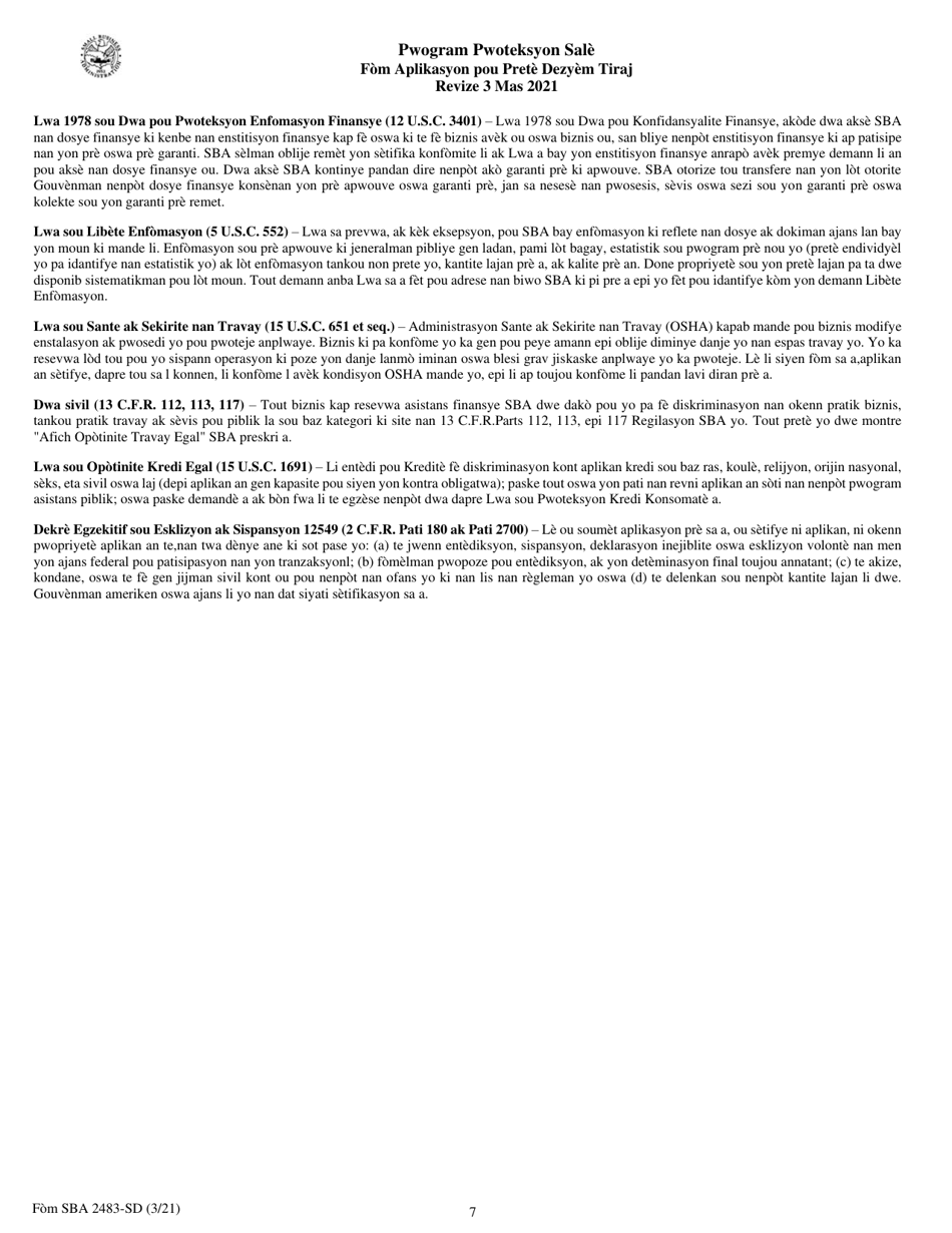 SBA Form 2483-SD PPP Second Draw Borrower Application Form (Haitian Creole), Page 7