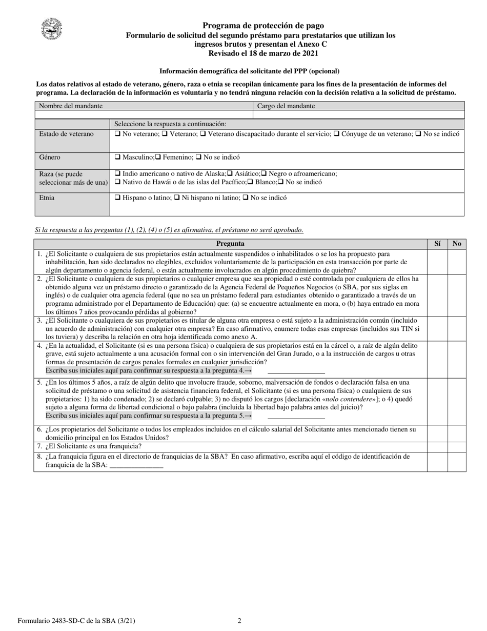 SBA Formulario 2483-SD-C Formulario De Solicitud Del Segundo Prestamo Para Prestatarios Que Utilizan Los Ingresos Brutos Y Presentan El Anexo C (Spanish), Page 2