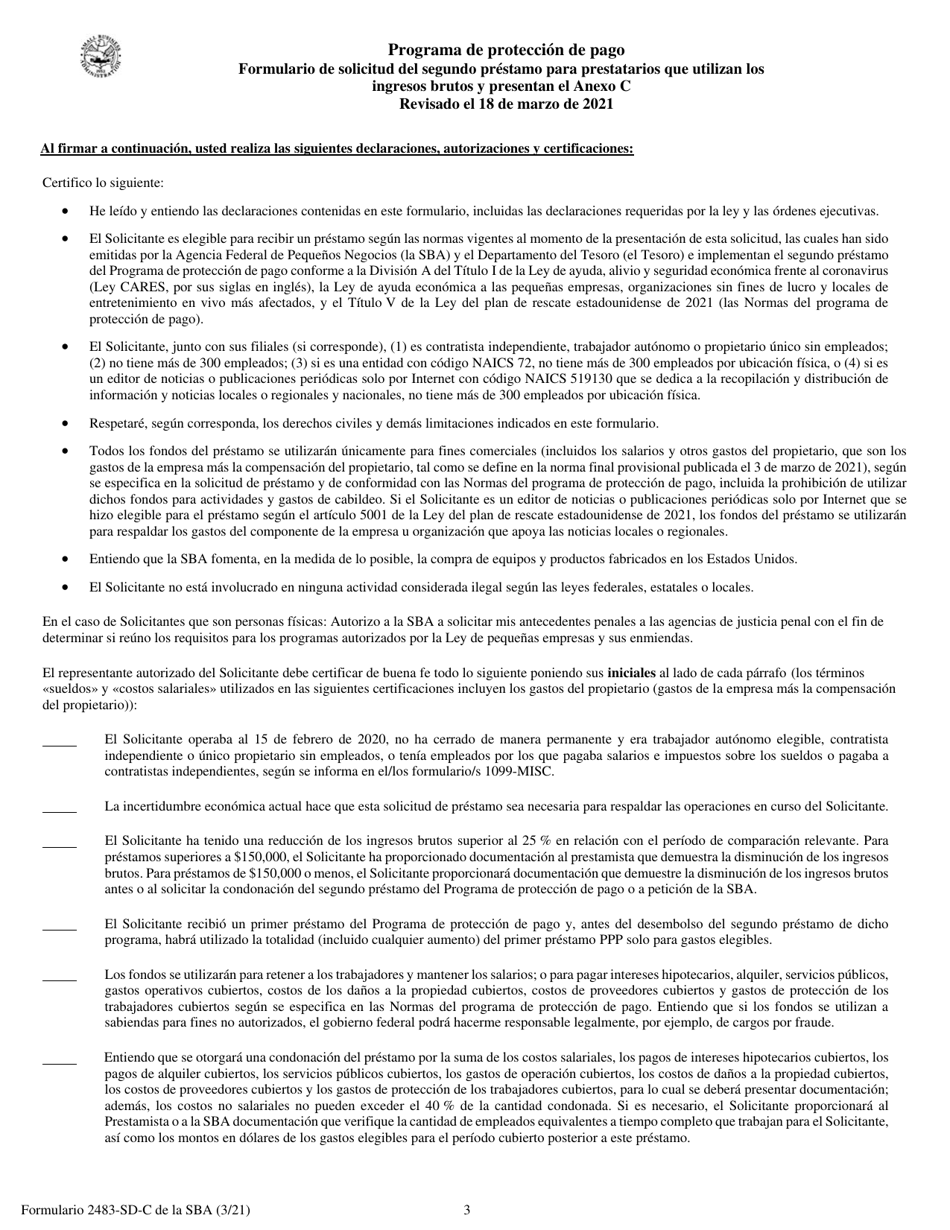 SBA Formulario 2483-SD-C Formulario De Solicitud Del Segundo Prestamo Para Prestatarios Que Utilizan Los Ingresos Brutos Y Presentan El Anexo C (Spanish), Page 3
