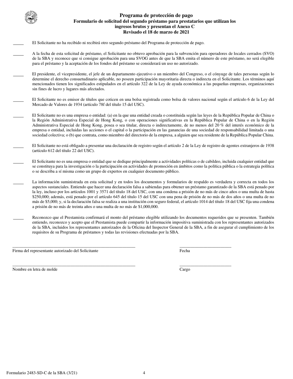 SBA Formulario 2483-SD-C Formulario De Solicitud Del Segundo Prestamo Para Prestatarios Que Utilizan Los Ingresos Brutos Y Presentan El Anexo C (Spanish), Page 4