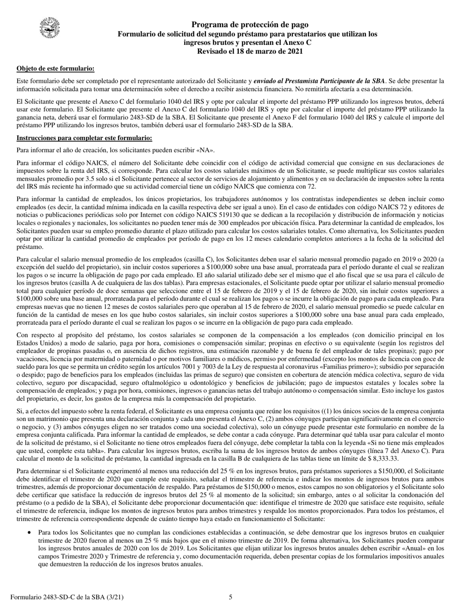 SBA Formulario 2483-SD-C Formulario De Solicitud Del Segundo Prestamo Para Prestatarios Que Utilizan Los Ingresos Brutos Y Presentan El Anexo C (Spanish), Page 5