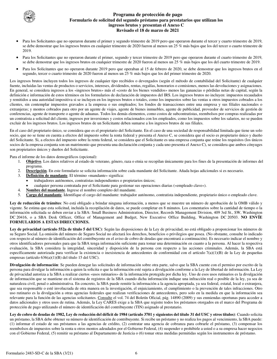 SBA Formulario 2483-SD-C Formulario De Solicitud Del Segundo Prestamo Para Prestatarios Que Utilizan Los Ingresos Brutos Y Presentan El Anexo C (Spanish), Page 6