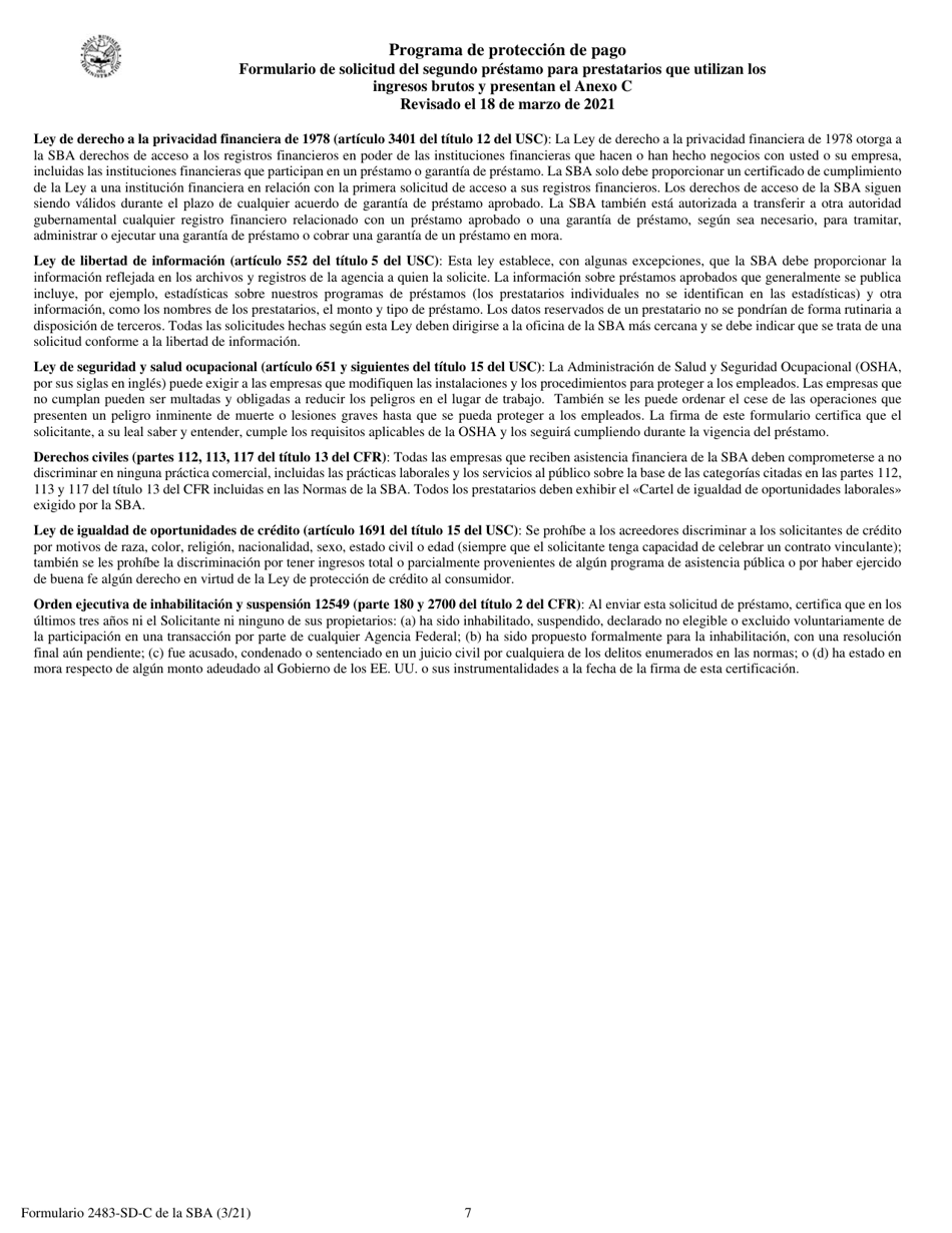 SBA Formulario 2483-SD-C Formulario De Solicitud Del Segundo Prestamo Para Prestatarios Que Utilizan Los Ingresos Brutos Y Presentan El Anexo C (Spanish), Page 7