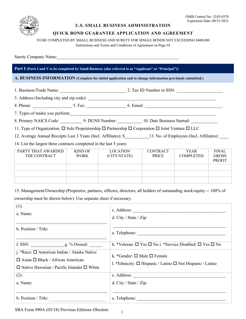 SBA Form 990A Quick Bond Guarantee Application and Agreement, Page 1