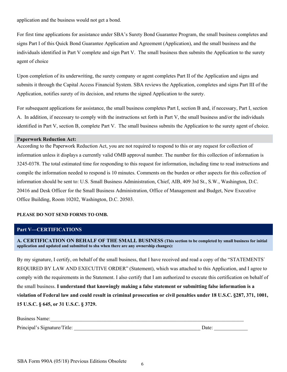 SBA Form 990A Quick Bond Guarantee Application and Agreement, Page 6
