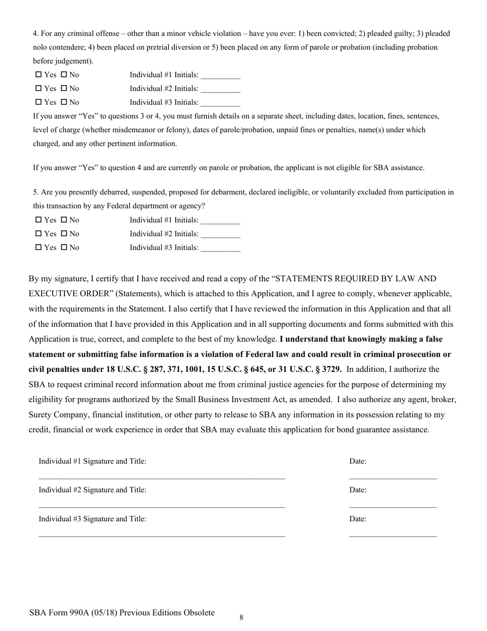 SBA Form 990A Quick Bond Guarantee Application and Agreement, Page 8