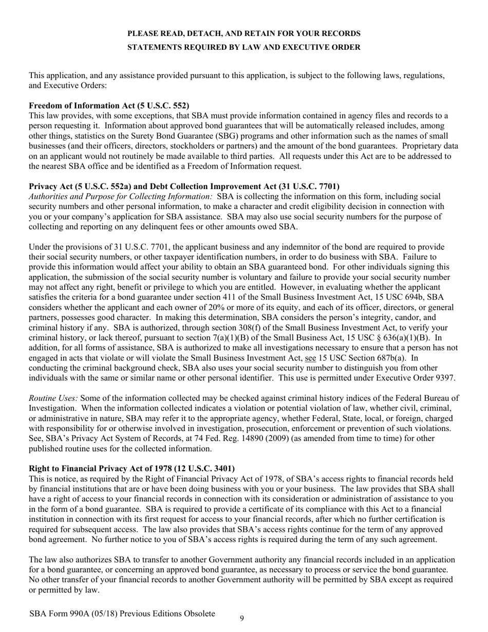SBA Form 990A Quick Bond Guarantee Application and Agreement, Page 9