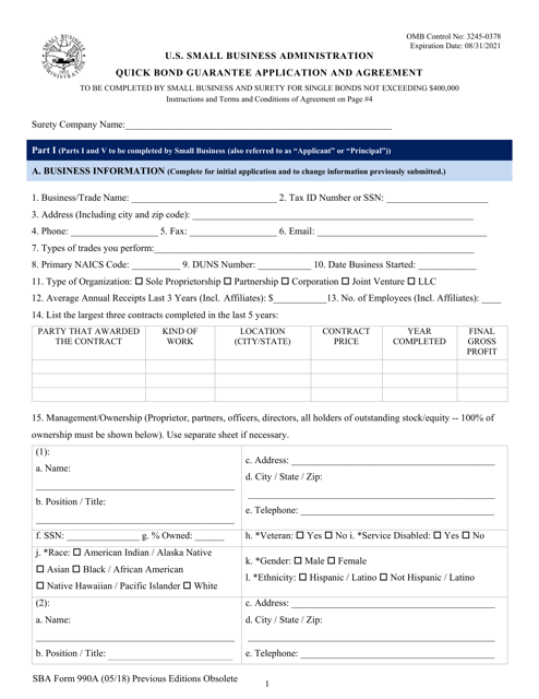 SBA Form 990A  Printable Pdf